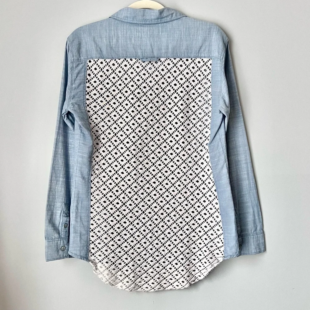 Free People Chambray Crochet Lace Back Button Down Shirt | Boho Blue | Size S